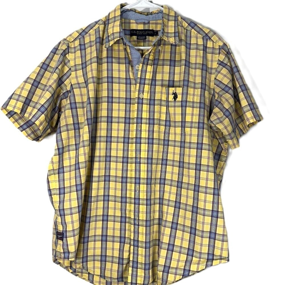 U.S. POLO ASSN Men's Size L Button Down Shirt Blue Yellow Plaid Streetwear Y2K - Picture 3 of 8